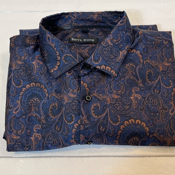 Barry.Wang Men’s Blue & Gold Long Sleeve Silk & Polyester Dress Shirt 4XL - Picture 9 of 11